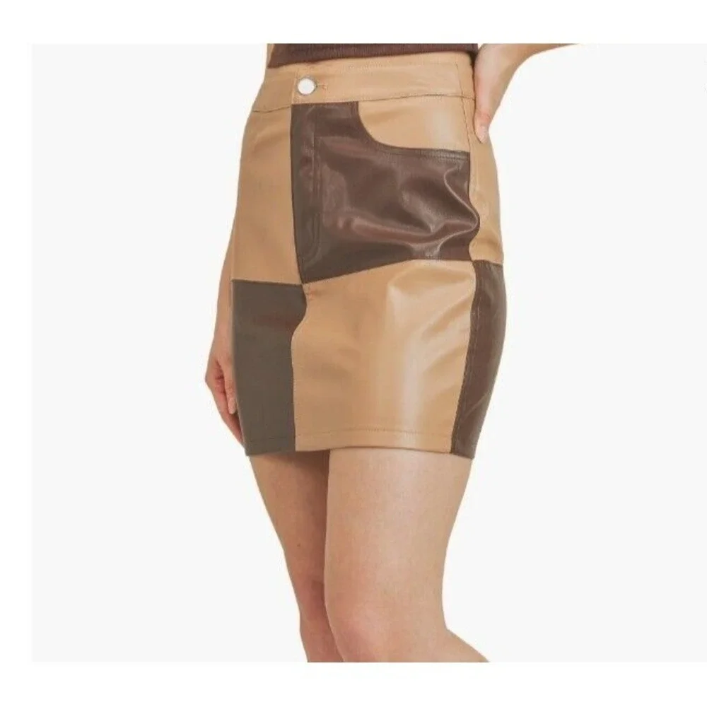 All in Favor Faux Leather Mini Skirt Womens S‎ Color Block Tan Cocoa Patchwork
